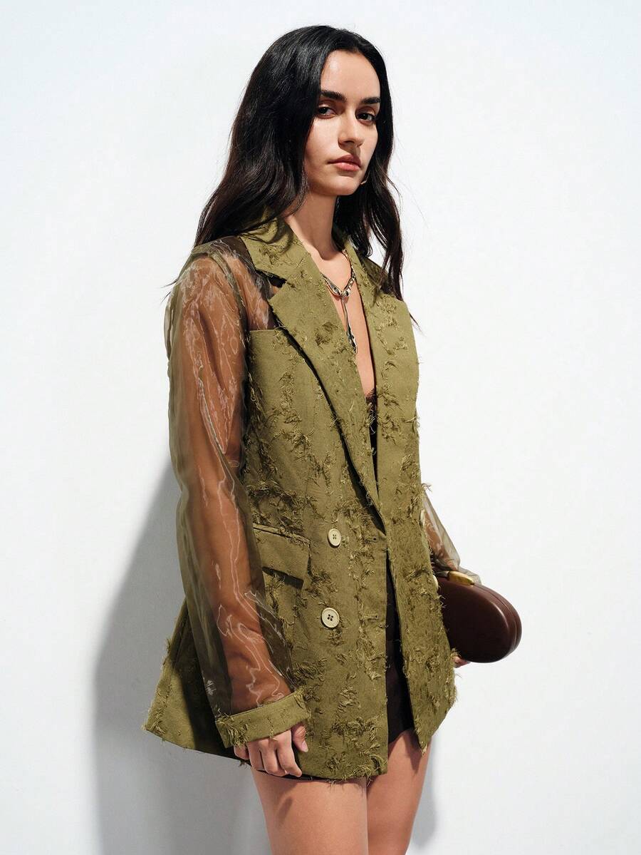 Aveloria Modichic 百搭优雅通勤风欧根纱拼接特殊流苏面料透视双排扣女士西装外套 - 綠色 - 查看 1