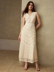 MOTF PREMIUM SUMMER CONTRAST LACE V-NECK DRESS, ELEGANT HIGH-END CINCHED WAIST LUXURY FASHION LACE DRESS FOR WOMEN - Apricot - View 7