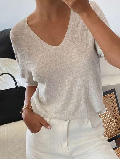 DAZY Women's Floral Chiffon V-Neck Short Sleeve Casual Elegant Lightweight Knit Sweater, Spring/Autumn