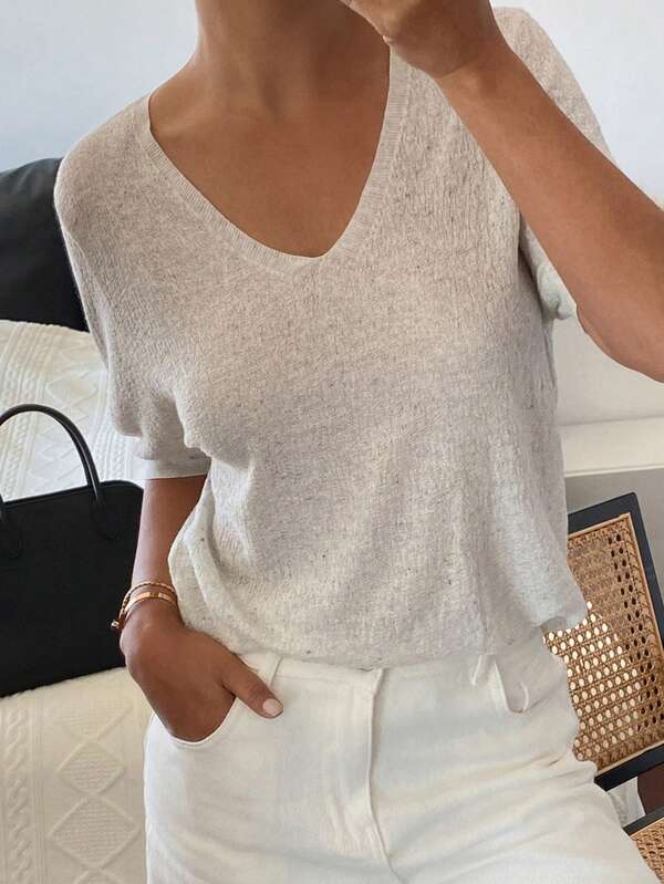 DAZY Women's Floral Chiffon V-Neck Short Sleeve Casual Elegant Lightweight Knit Sweater, Spring/Autumn