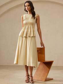 Zanirela Elegante conjunto de 2 piezas para mujer para vacaciones y uso diario, top acolchado sin mangas de diseño vintage con cintura recogida y dobladillo ancho, combinado con falda acampanada de cintura elástica - Amarillo claro - Ver 5