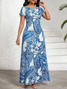 SHEIN Lady 女士印花优雅长连衣裙，圆领短袖，度假风夏季 - 藍白色 - 查看 3