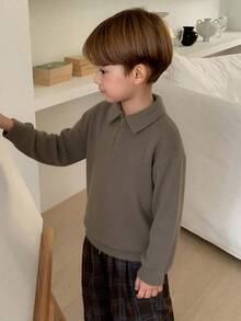DAZY Young Boy Solid Color Zip Collar Drop Shoulder Long Sleeve Casual T-Shirt - Khaki - View 4