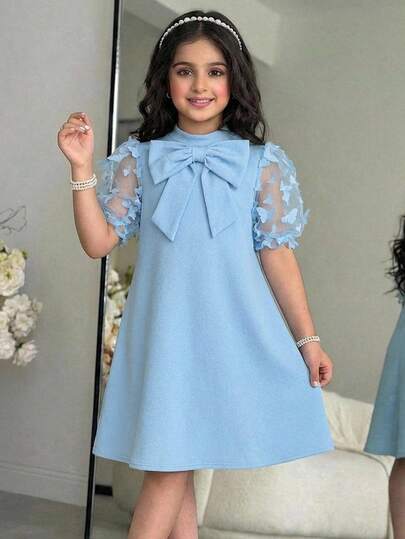 Pitira Tween Girl Light Blue Solid Color Bow Decor Stand Collar Puff Sleeve A-Line Dress, Suitable For Spring, Summer, Autumn And Winter, Elegant Princess Style, Formal Occasion, Party, Birthday Outfit