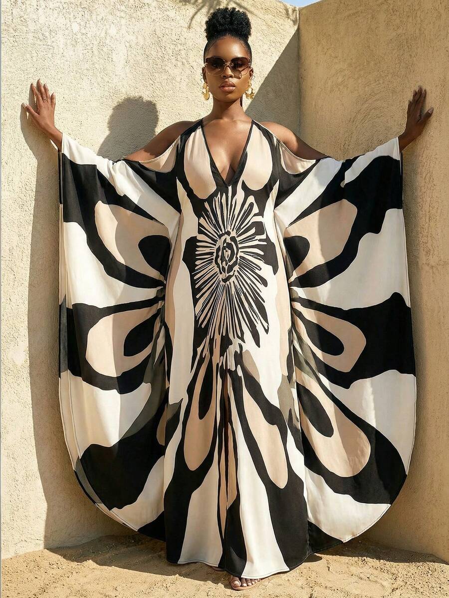 BamGlimmer Spring New Design, Large Silhouette, Floral Print, Loose V-Neck, Long Dress For Women. Fashionable For A Vacation, Romantic And Lively For A Holiday Party Or Gathering. Kimono Dress Butterfly Abaya African Dresses For Women Caftan Dress Kaftans For Women - Multicolor - View 1