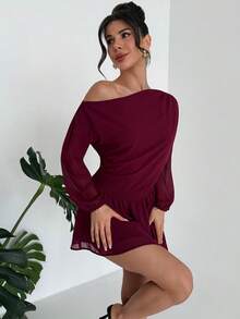Firerie Women's Burgundy Elegant Autumn Chiffon Mini Dress,Asymmetrical Shoulder Ruffle Waist A-Line Off Shoulder Dress For Wedding Guest,Dinner Date,Party - Burgundy - View 4