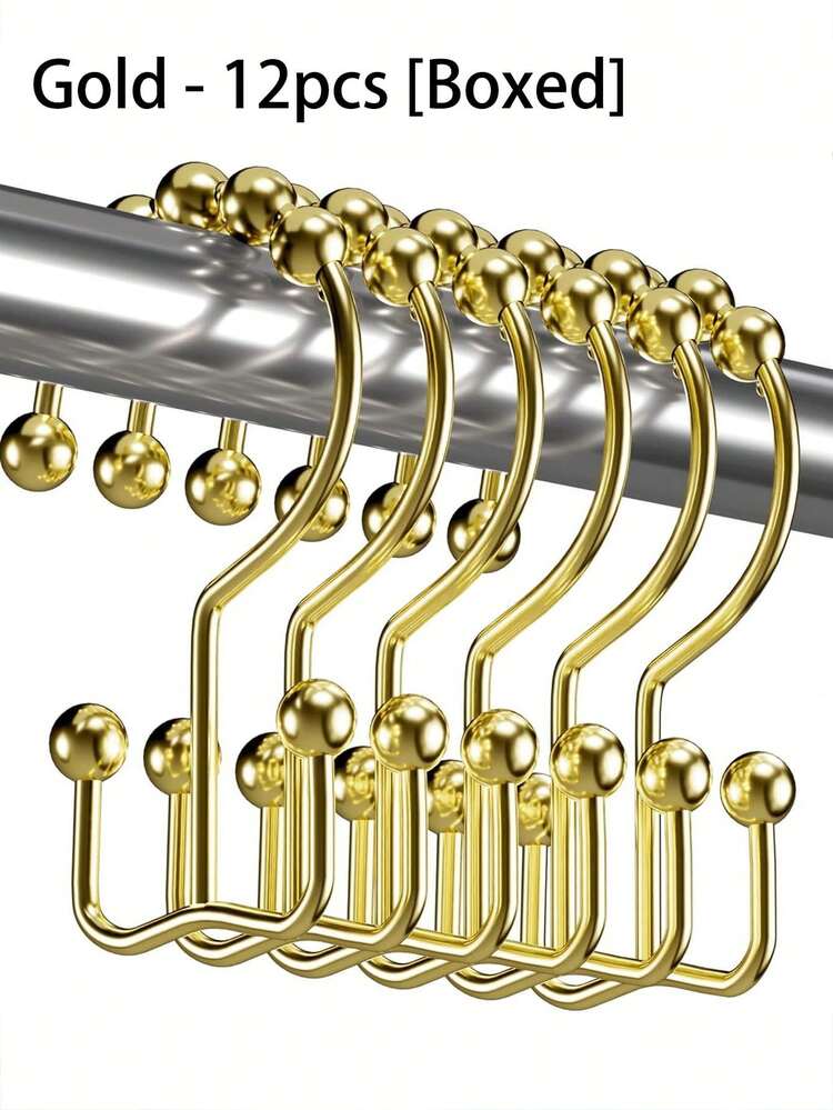 Cirelle 12个免打孔浴帘挂钩 - 双面顺滑滑动设计，防锈滚珠挂钩，适用于浴室和窗户 - 金色 - 查看 9