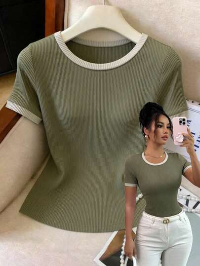 Elenzga T-shirt décontracté à manches courtes en patchwork pour femmes, polyvalent pour le port quotidien