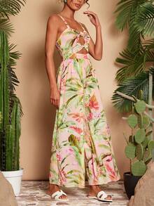 Travachic Women's Tropical Plant Print Casual Everyday Jumpsuit,Tropical,Bohemia,Werstern,Tropical Parrot Pattern,Suitable For Summer Vacation,Beach Outfits For Women - Multicolor - View 7