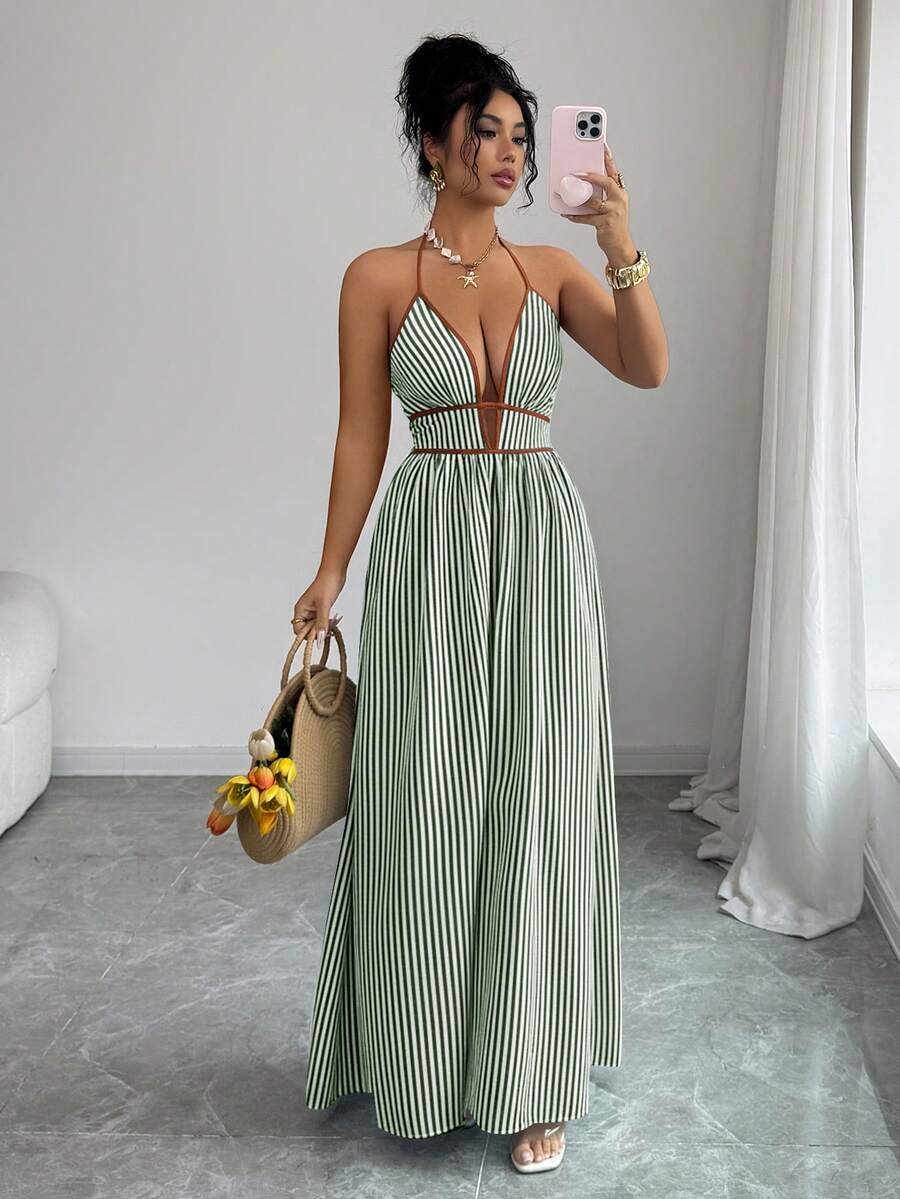 Elenzga 女士度假条纹深V领露背连衣裙 - 墨綠色 - 查看 1