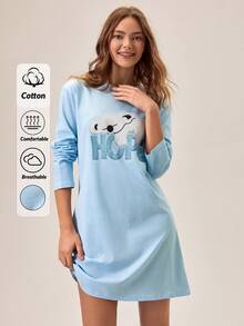 Loomlin Robe de nuit en coton à manches longues et col rond avec imprimé koala pour femmes, vêtement d'intérieur - Bleu azur - Voir 1