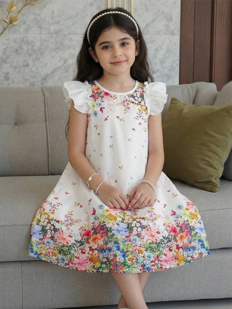 SHEIN Blusa sin mangas con volantes y bordado de moño elegante en color albaricoque sólido para niñas preadolescentes, Blusa corta con textura y moño frontal casual diaria y de vacaciones para niñas preadolescentes, Blusa de verano con ojales blancos para niñas adolescentes - Albaricoque - Ver 1