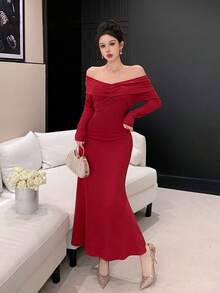 DAZY Damen elegantes Off-Shoulder Kleid in Einfarbig mit Fischschwanz-Silhouette für Partys und Sommerkleider - Bordeaux - Übersicht 4