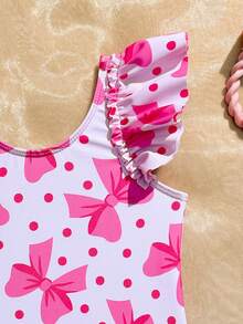 SHEIN Baby Girls' Swimsuit, Cute Pink Bow Print, Shoulder Ruffle Design One-Piece Swimwear, Suitable For Summer Vacation, Swimming, Beach, Pool Party - Multicolor - View 6