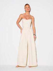 KIZN Strapless Cream Corset Top With Structured Boning Perfect For Date Night Evening Parties Wedding Guest Formal Events - Yellow - View 3
