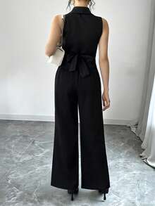 Selianne 法式复古无袖V领露脐上衣和裤子两件套 - 黑色 - 查看 2