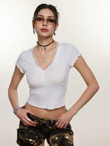 Rina Fox 女士纯色V领蕾丝拼接修身短袖上衣，夏季 - 白色 - 查看 5