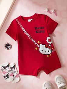 HELLO KITTY AND FRIENDS | SHEIN 女婴卡通印花圆领短袖休闲连体衣 - 紅色 - 查看 1