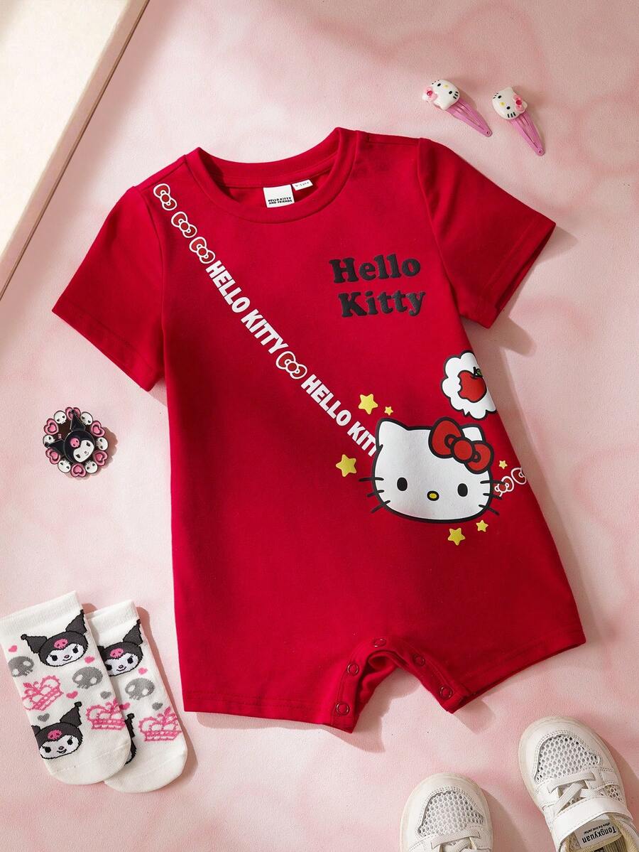 HELLO KITTY AND FRIENDS | SHEIN 女婴卡通印花圆领短袖休闲连体衣 - 紅色 - 查看 1