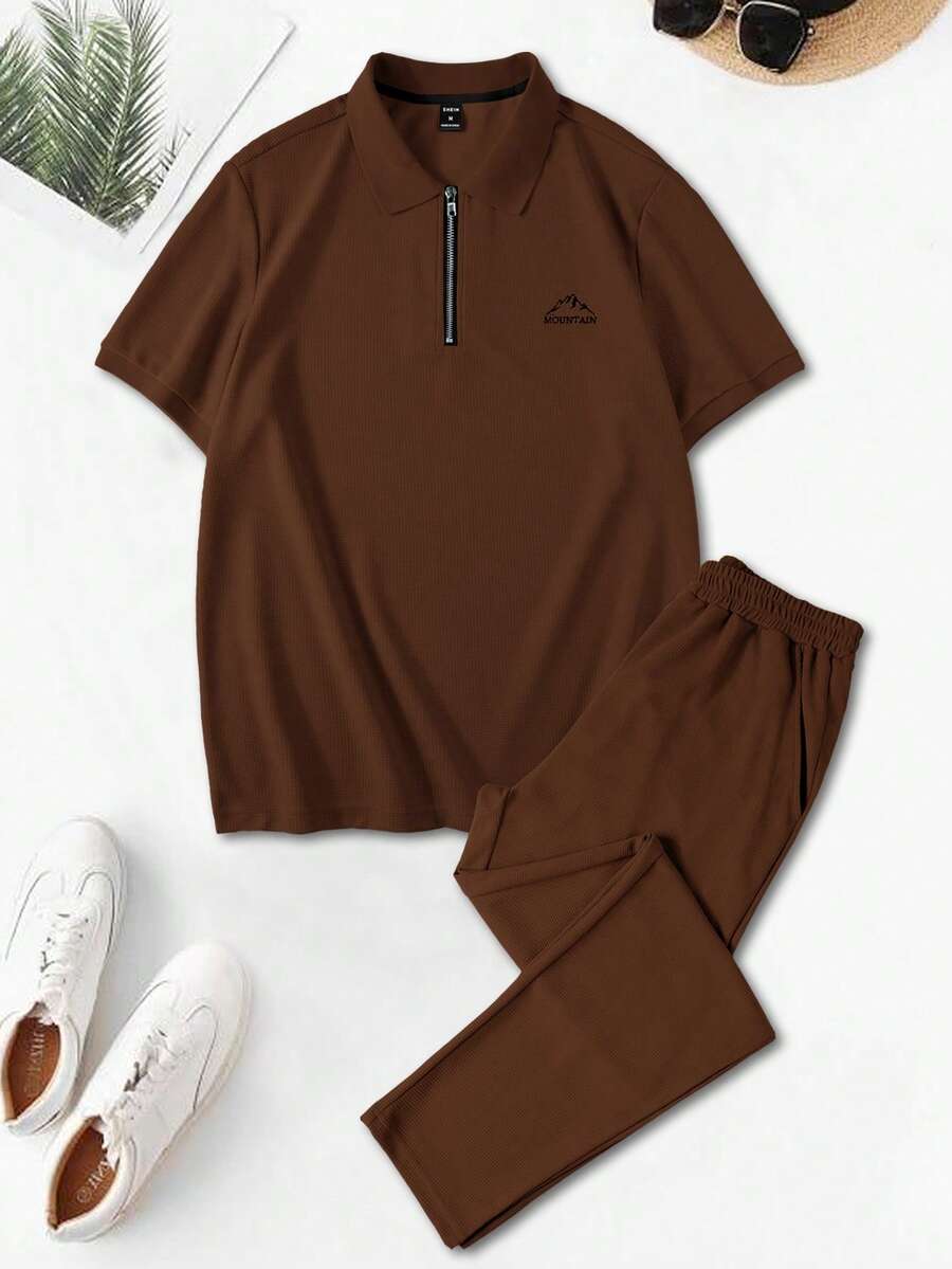 Manfinity Homme Nam Màu Trơn Có Dây Kéo Áo Sơ Mi Tay Ngắn Và Thiết Kế Túi Quần Dài Thường Ngày 2 Món Cho Mùa Hè - màu nâu - Xem 1
