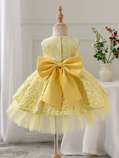 Glamorique Kids Baby Girl Pink Jacquard Fabric Dress With Trailing Skirt, Bow Decor On Back, Suitable For Birthday Party, Wedding Guest, Holiday