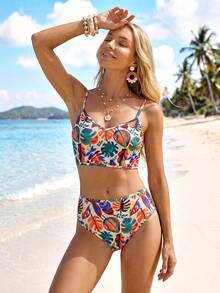 Sylviya 女士夏季吊带背心上衣和高腰比基尼泳裤，热带树叶印花两件套泳装 - 玫紅色 - 查看 4