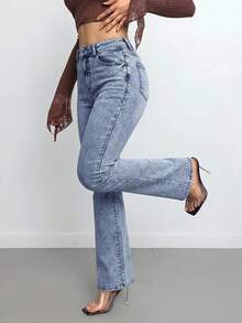 SHEIN Tall Quần jeans nữ dáng ôm vừa vặn, co giãn, ống loe, thích hợp cho nữ cao, thích hợp mặc vào đêm giao thừa và Giáng sinh. - Rửa nhẹ - Xem 3