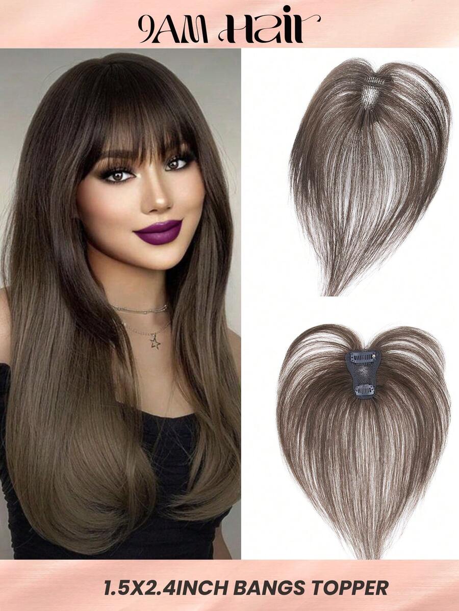 Invisible Swiss Net Hair Piece Straight Topper Brown With Bangs Virgin Human Hair Topper Women's Elegant Handmade Topper Hairpiece Adds Volume & Covers Gray Hair - S2 - View 1
