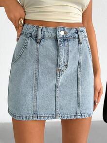 SHEIN Saia jeans de cintura alta, 100% algodão, com lavagem especial. - Lavagem Média - Ver 6
