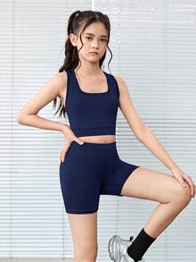 SHEIN 少女纯色针织镂空露背背心和骑行短裤两件套，适合瑜伽、运动会、返校季等场合。 - 藏蓝色 - 查看 5