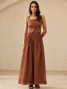 Aveloria Rosie 简约休闲大方优雅女士通勤度假复古高端背心上衣搭配宽松褶裥阔腿裤，女士两件套 - 棕色 - 查看 2