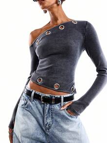 LYSMO 女士休闲时尚朋克风纯色不规则领口金属孔眼细节修身短款T恤，春秋季 - 黑色 - 查看 4