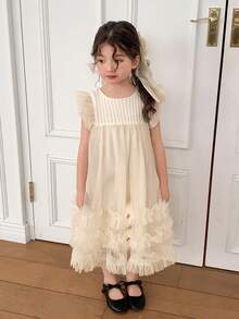 DAZY 女童圆领网纱连衣裙，秋季穿搭 - 杏色 - 查看 6