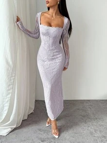 SHEIN PETITE Đầm maxi đen ôm sát cơ thể, dài tay, dáng chữ S, chất liệu ren, có gọng nâng ngực, cổ vuông, ôm sát, dành cho nữ, thích hợp cho các buổi tiệc mùa hè, hẹn hò. - Màu tím hoa cà - Xem 3