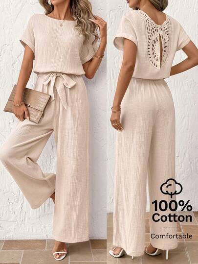 SHEIN Clasi 女士纯色圆领镂空腰部扭结设计连体裤