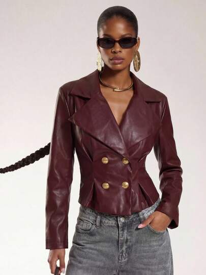 Normani Contrast Color Minimalist Jacket, Long Sleeve Outerwear For Early Autumn,Burgundy Coat,Chic Women's Jacket,Going Out Outfit,New Year Women's Clothes,Christmas Clothes,Women's Winter Jacket,Women's Winter Clothes,Fall Clothes For Women,Ankora Old Money Style Jacket,Wine Red PU Jacket For Commuting And Casual Elegant,Metal Button Waisted PU Jacket