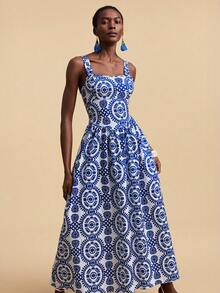 Travachic Women's Vacation Plant Pattern Casual Sleeveless Dress - Blue and White - View 7