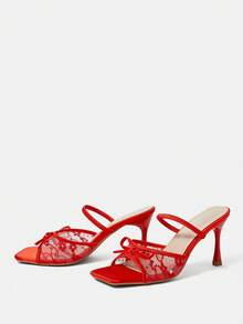 CUCCOO HITCHD Sandálias de salto alto femininas, modelo scarpin, bico quadrado, com laço, renda e renda vermelha, novidade para a primavera e o verão. Elegantes, românticas e sensuais. - Vermelho - Ver 10