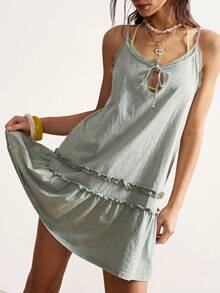 Bohemela 女士夏季休闲波西米亚度假海滩法式乡村音乐节复古水洗针织荷叶边褶皱A字连衣裙，女士夏季套装，女士裤装，度假套装，女士海滩套装 - 薄荷綠 - 查看 3