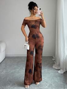 Rafferiza Women's Elegant Niche Coffee Brown Tie Dye Print Elastic Off-Shoulder Cinched Waist Bodycon Short Sleeve Jumpsuit - Coffee Brown - View 6