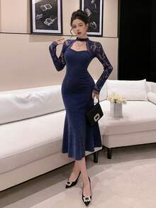 Joudiya 春夏蓝色亮片镂空网纱蕾丝拼接性感音乐节情人节婚礼派对宴会礼服长袖修身鱼尾中长连衣裙 - 藏蓝色 - 查看 6