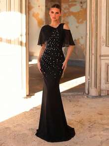 Aureia Falda de punto elástico con pliegues y mangas de chifón elegante y lujosa, adecuada para boda, fiesta, vacaciones, baile de graduación, madre de la novia, vestido de noche - Negro - Ver 2