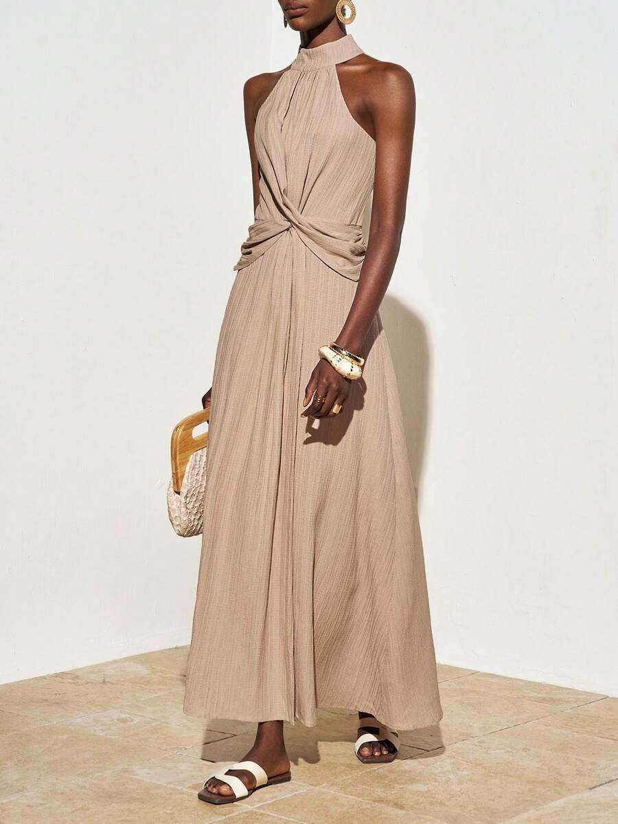 Zivah Women's Solid Color Halter Neck Ruched Vintage Style Long Dress, Suitable For Dates, Parties Resort Dresses Vacation Dresses For Dinner Neutral Dresses For Women Wrap Around Dresses For Ladies Yacht Dress Wrap Dress Wedding Guest Wow Dress - Khaki - View 1