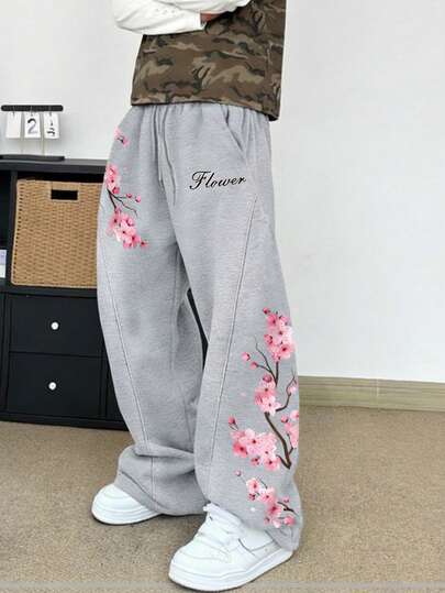 STEELVANCE 男士休闲日常通勤度假风樱花字母印花抽绳腰宽松阔腿运动裤