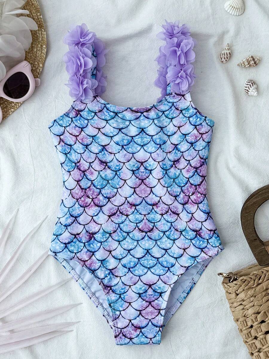 SHEIN Young Girls Mermaid Scale Pattern 1-Piece Swimsuit Purple Flower Bathing Suit For Kids,Summer,Beach,Family Vacation,Holiday Sea Shell Hawaii - Mauve Purple - View 1