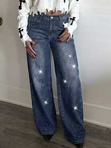 Tyla Gomez Jeans acampanados con lavado retro, ajuste delgado, decorados con escamas de strass, efecto chispeante - Azul lavado oscuro - Ver 5