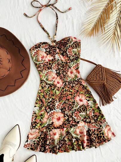 Roelina 女士休闲印花露背连衣裙，度假风