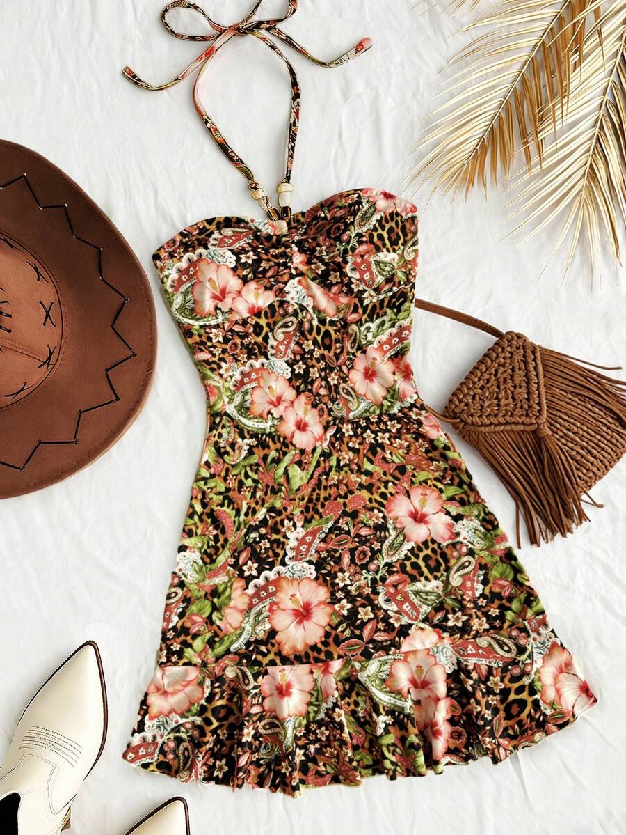 Roelina Women's Casual Floral Print Halter Neck Dress, Vacation Style - Multicolor - View 1