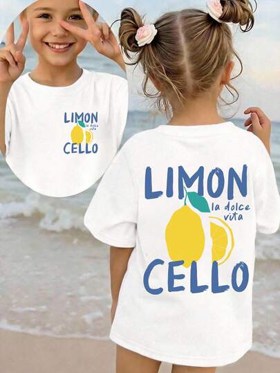 Young Girl Round Neck Letter & Lemon Print Casual Versatile Daily Wear Short Sleeve T-Shirt