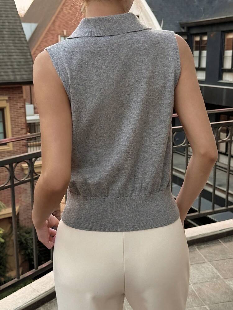 Women Sleeveless Solid Color Knit Top With Collar